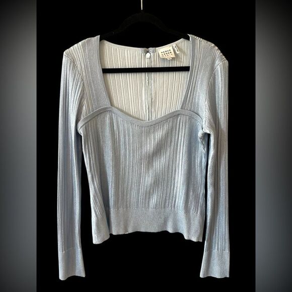 Herve Leger Metallic Ribbed Knit Long Sleeve Top XL – Silver Blue - Picture 1 of 6